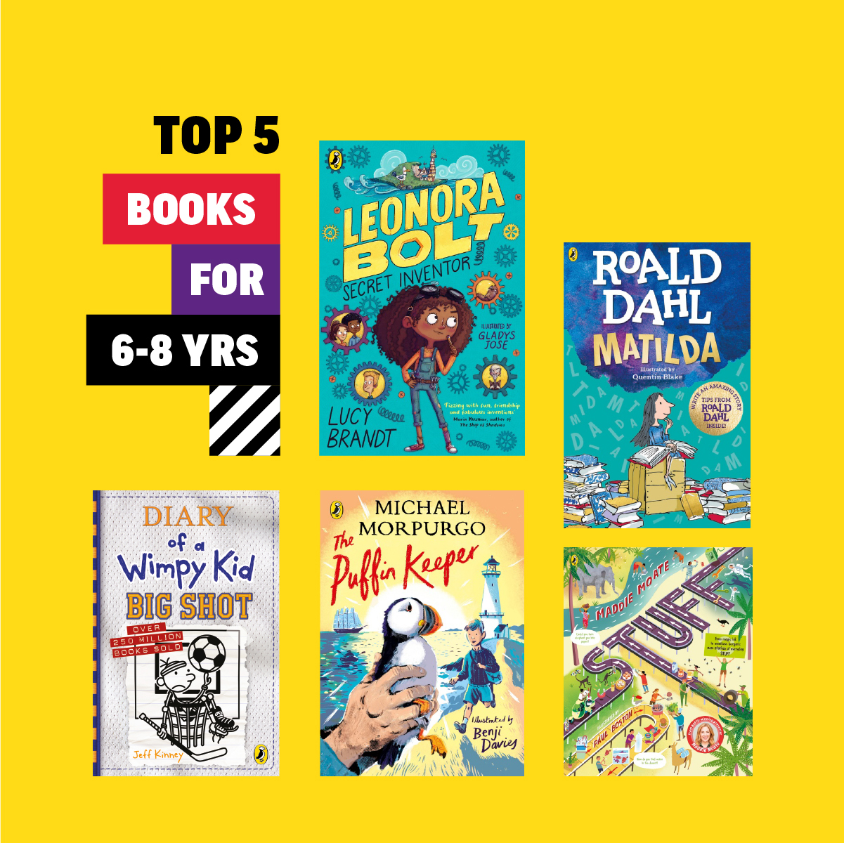 An image of five of the top books for 6-8s on top of a bright yellow background
