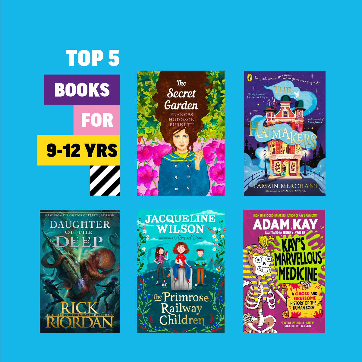 An image of five of the top books for 9-12s on top of a bright blue background