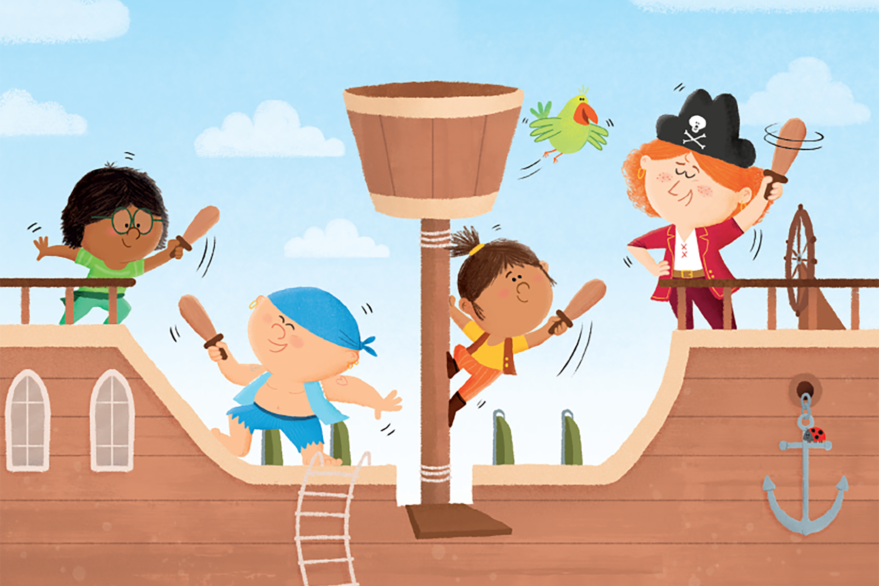 An illustration by Tony Neal of four children on a pirate ship swishing their pirate swords