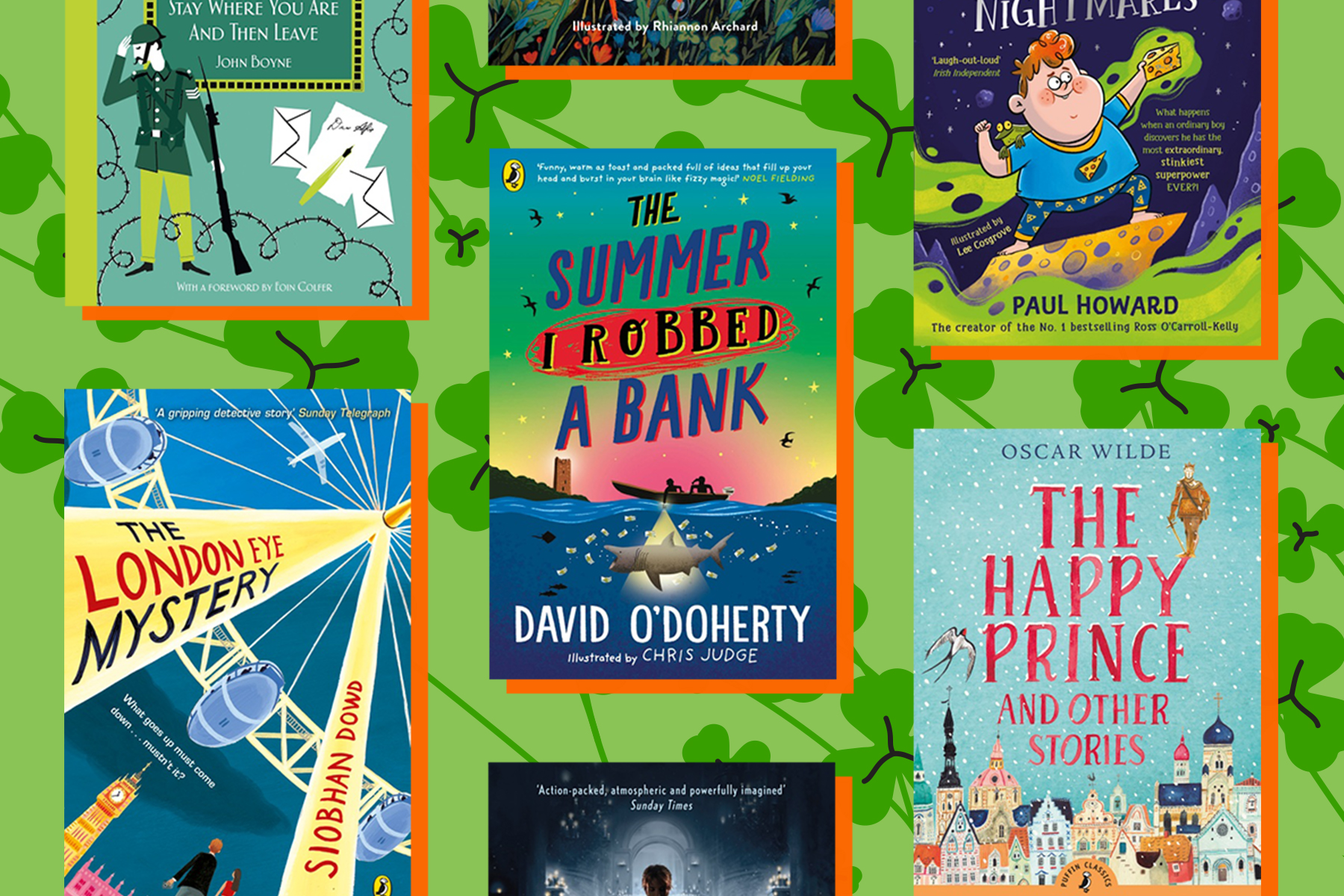 An image of a selection of Irish children's book on a light green background with shamrocks