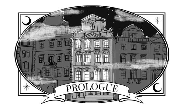 A line drawing of a house in the city of Prague from the book The Midnighters