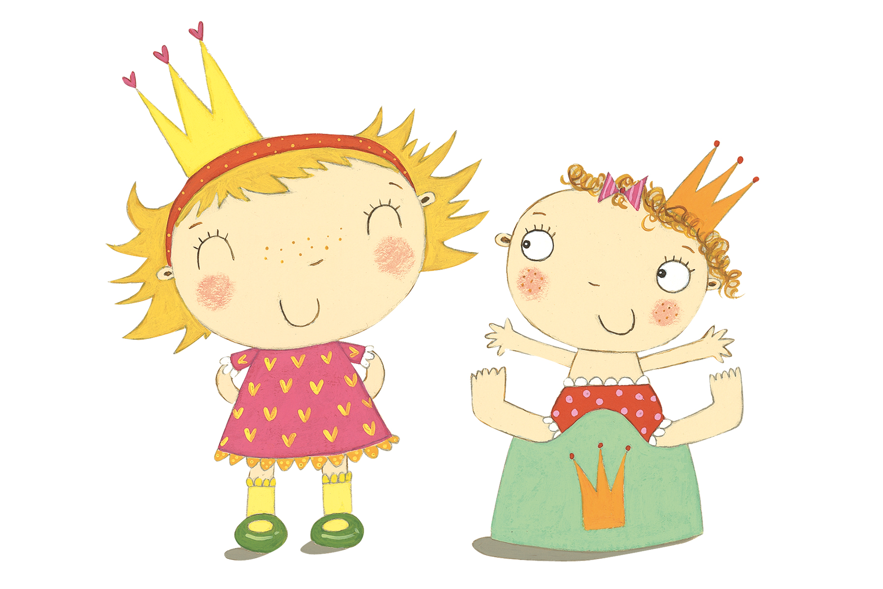 An illustration of Princess Polly wearing her crown and a dress as she's smiling at her younger sister who is sitting on a potty