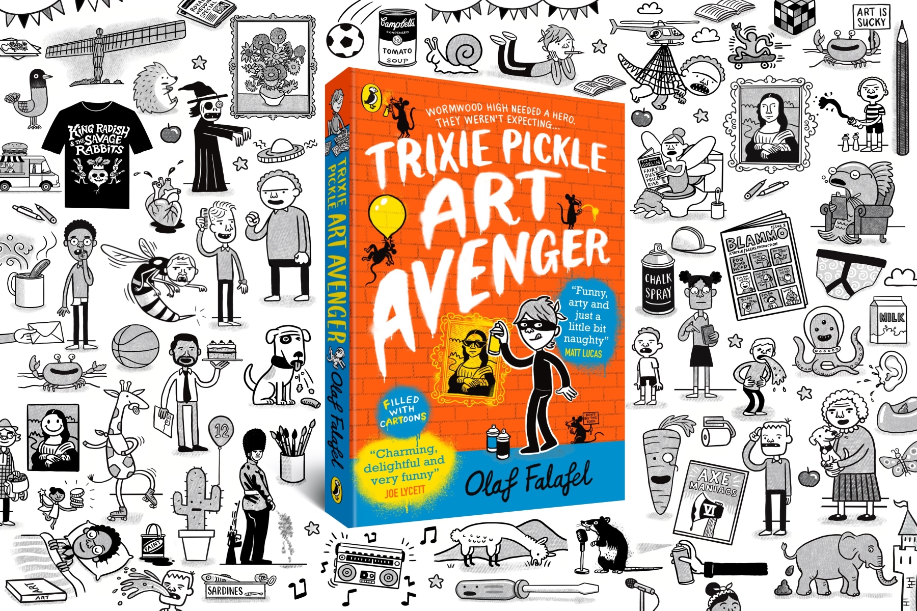 An image of the Trixie Pickle Art Avenger by Olaf Falafel on top of a doodled background