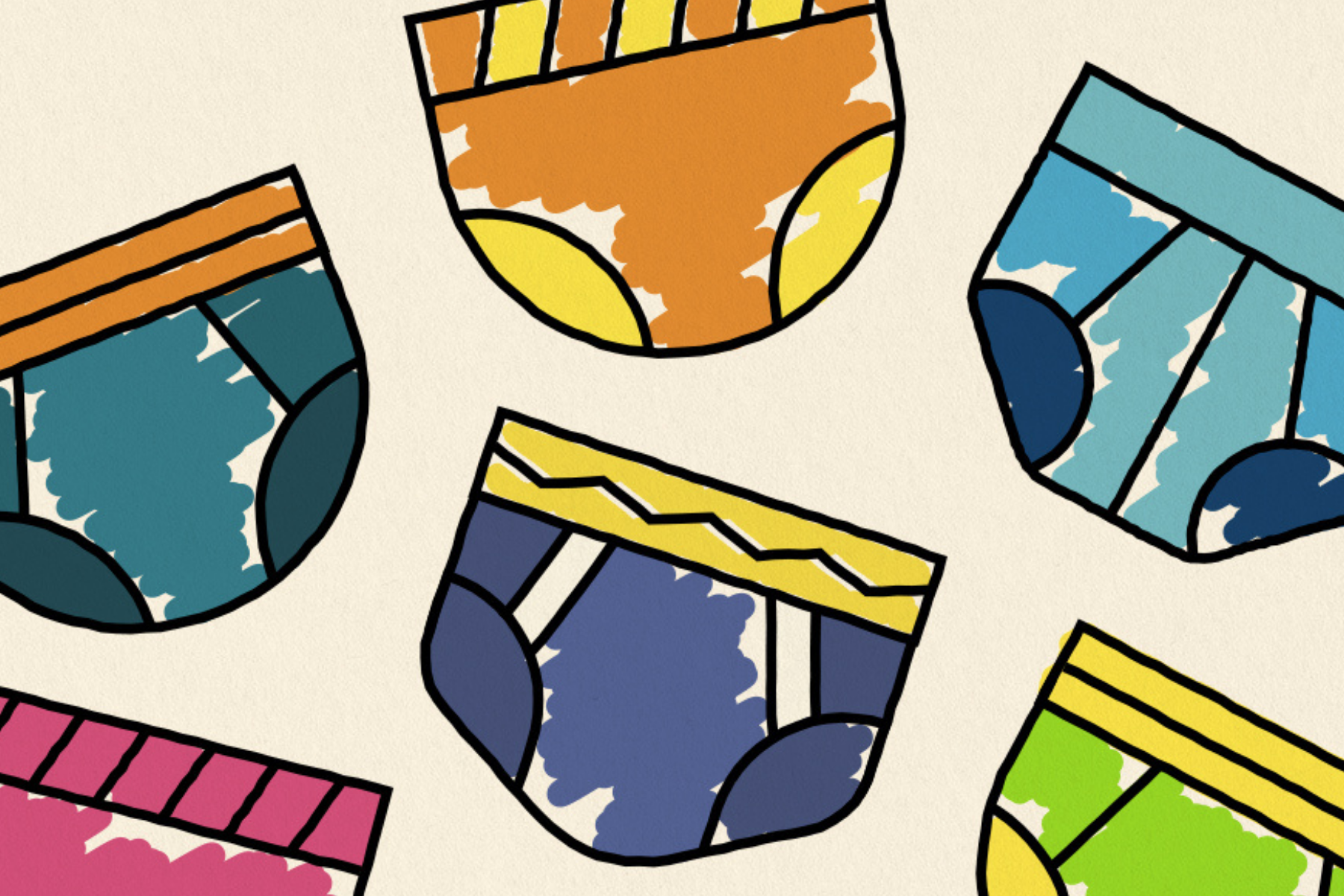 An image showing illustrations of underwear that have been coloured in